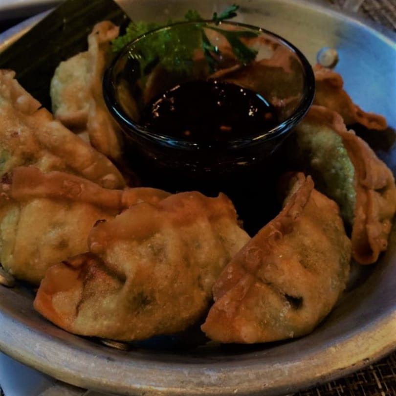 Golden-brown fried Thai dumplings with a side of dark dipping sauce and green garnish in a metal bowl.