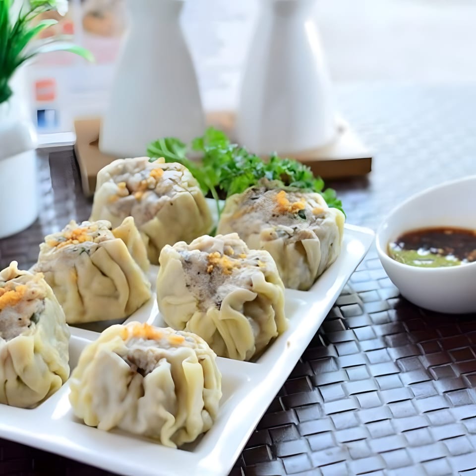 A white rectangular plate of Thai dumplings with a side of dipping sauce and parsley.